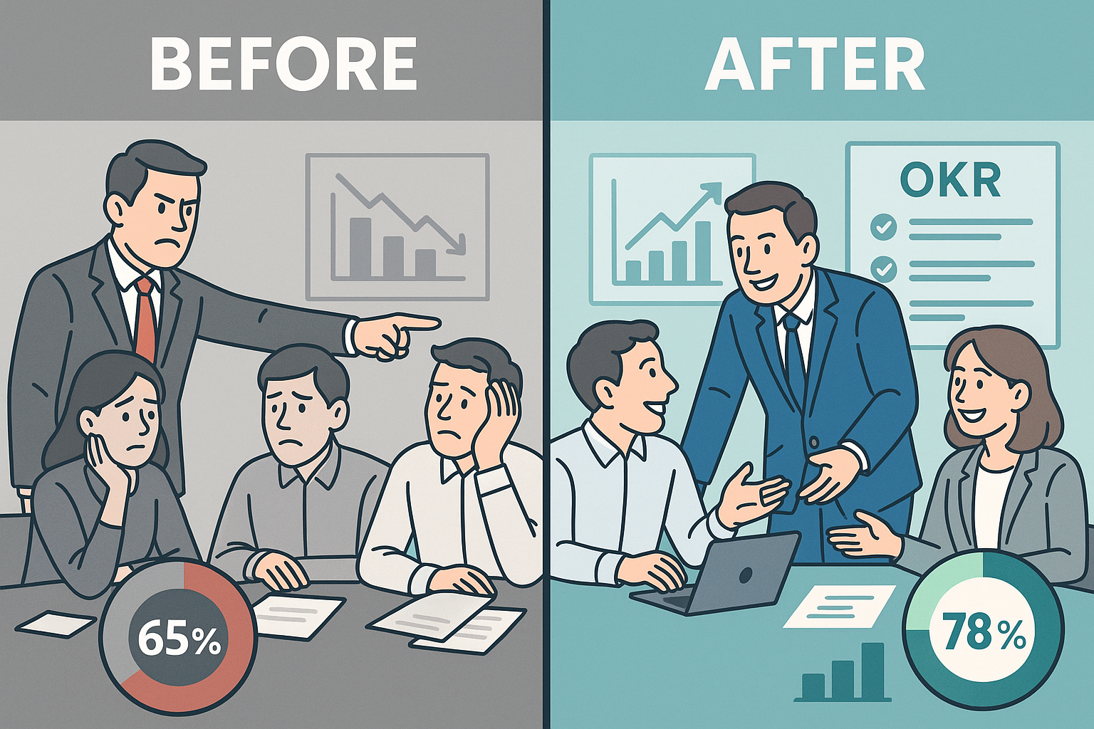 Before and after comparison showing traditional directive manager with 65% employee satisfaction versus collaborative OKR-trained manager achieving 78% employee engagement and team alignment