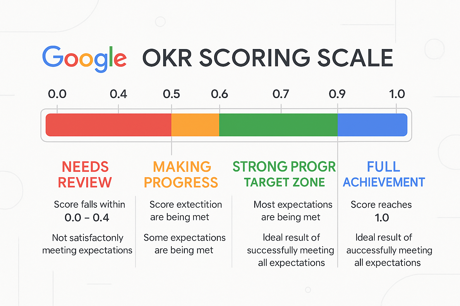 Google OKR scoring scale from 0.0 to 1.0 with color-coded zones for needs review, progress, and achievement