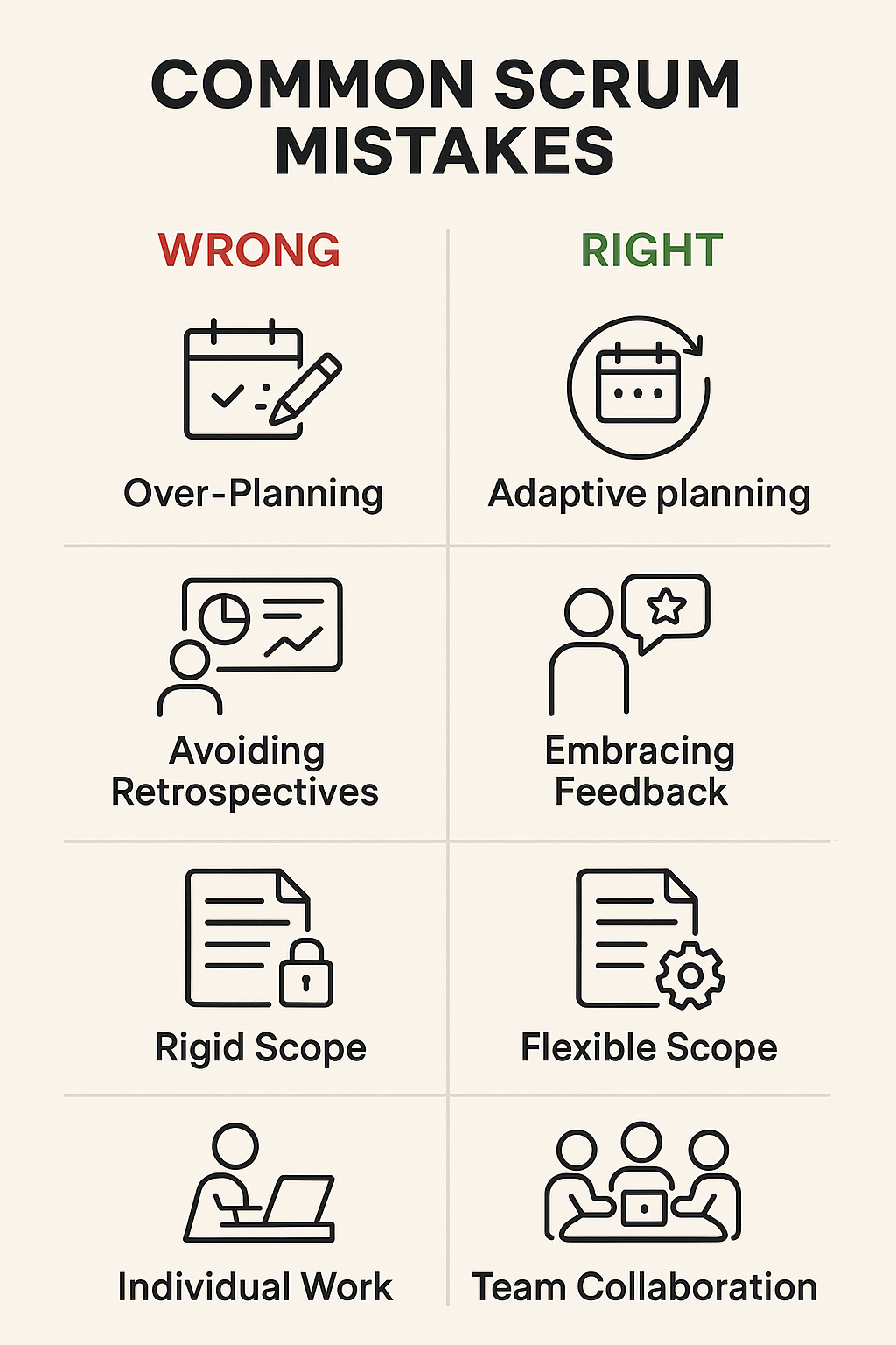 Infographic showing common Scrum mistakes with wrong versus right approaches: over-planning vs adaptive planning, avoiding retrospectives vs embracing feedback, rigid scope vs flexible scope, individual work vs team collaboration, displayed with red and green sections and icons