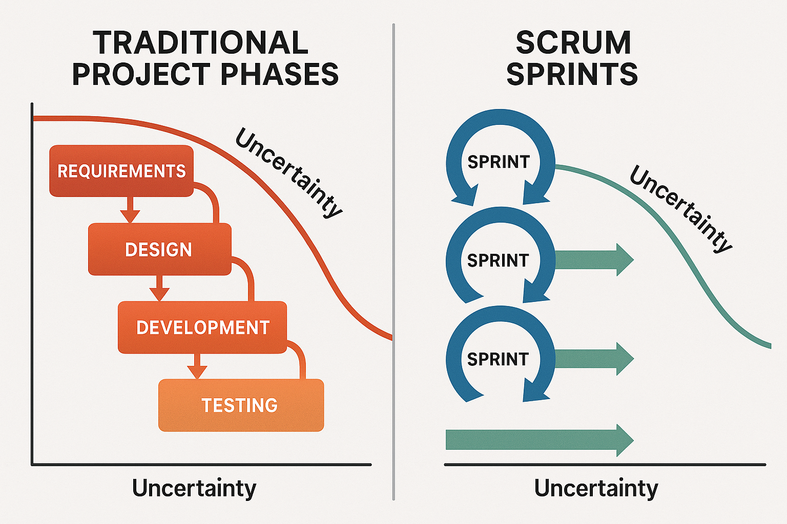 Side-by-side comparison diagram showing traditional waterfall project phases (Requirements, Design, Development, Testing) with high uncertainty curve versus Scrum iterative sprints with gradually reducing uncertainty through each sprint cycle